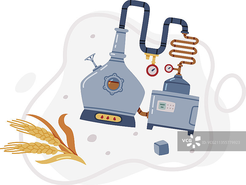 壶式蒸馏器和带大麦穗的威士忌饮品图片素材
