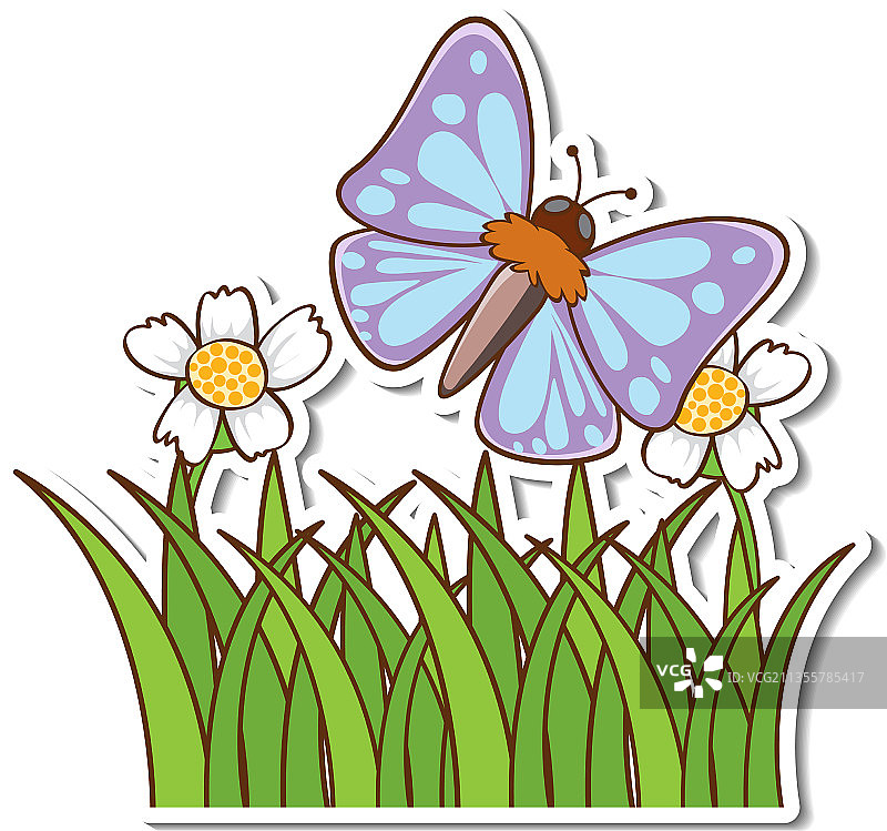 草地上飞舞的可爱蝴蝶贴纸图片素材