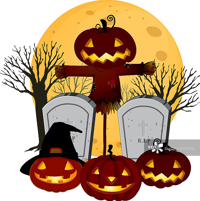 白色背景上墓地的南瓜灯图片素材