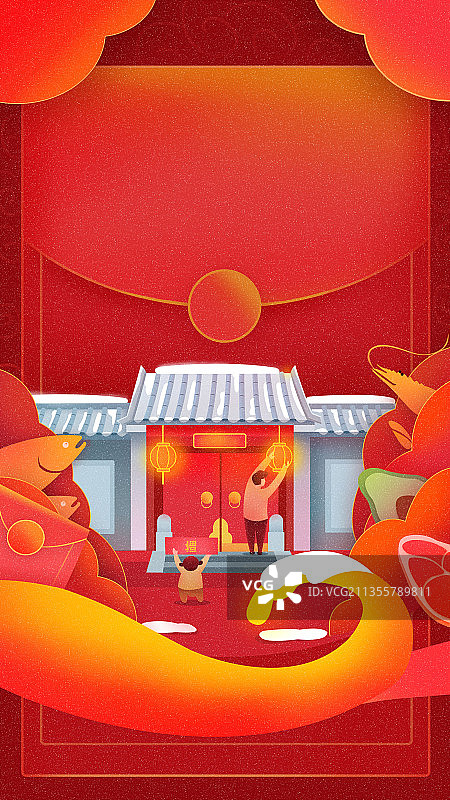 新年丰收门前扫雪挂灯笼图片素材