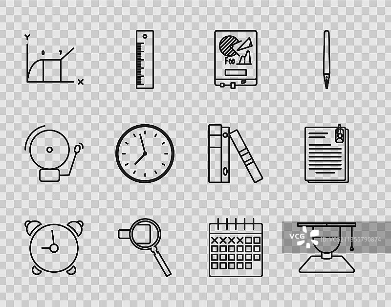 线条闹钟、毕业生与毕业帽图片素材