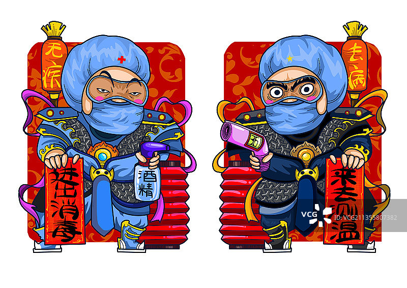 新时代门神抗疫新冠病毒测温消毒图片素材