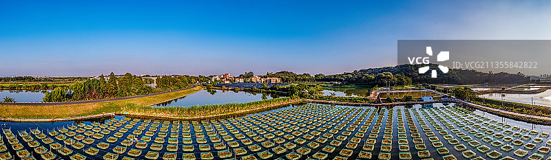 夕阳下航拍于广州白云区江高镇鳝鱼塘图片素材