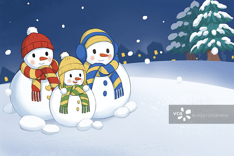 圣诞夜下雪雪地上的雪人图片素材