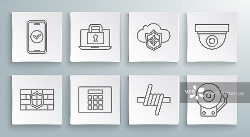 带砖墙、笔记本电脑和锁的盾牌线条图片素材