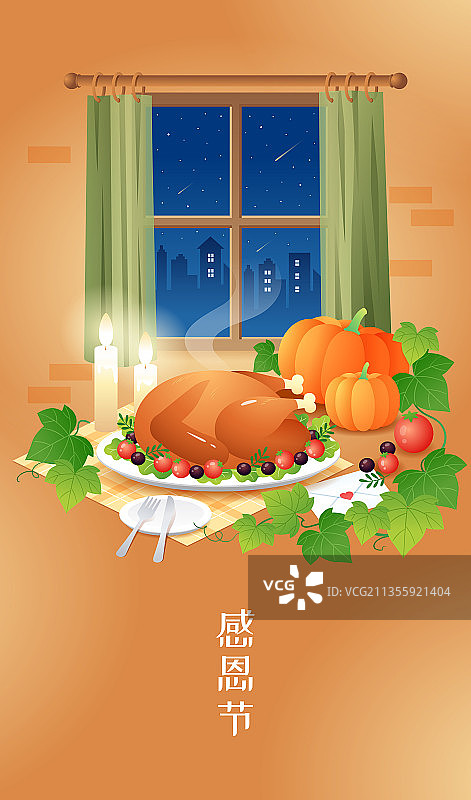 感恩节夜晚火鸡南瓜和窗户等图片素材
