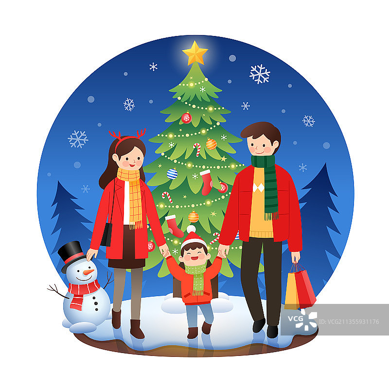 圣诞节一家人和圣诞树等插画图片素材