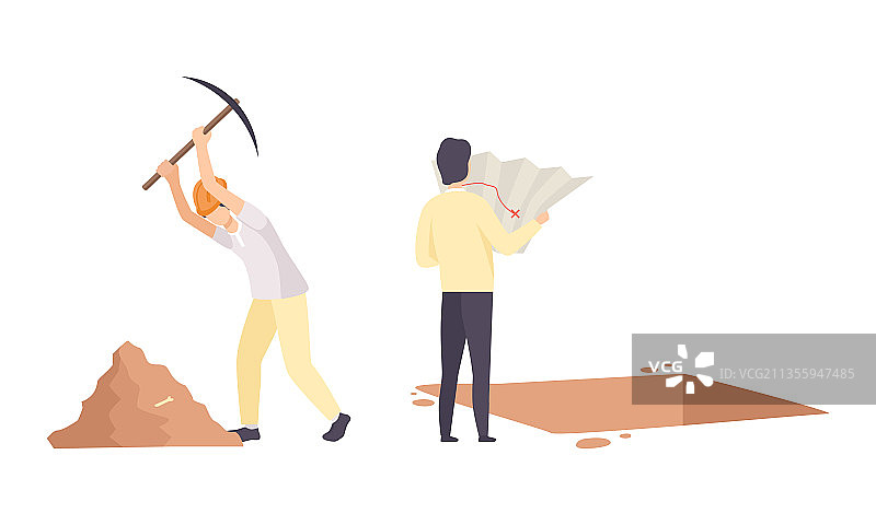 男人考古学家带着地图和镐搜索图片素材