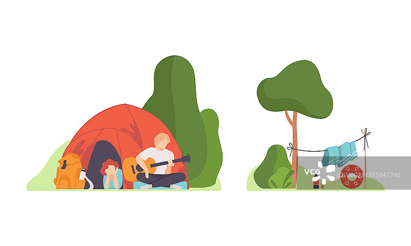 在帐篷里弹吉他的男人和女人图片素材