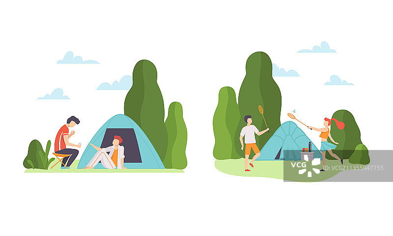 男女在草坪上搭帐篷打羽毛球图片素材