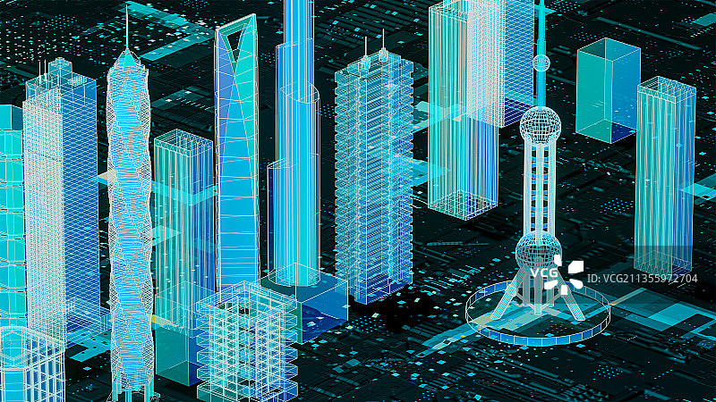 3D立体线框风格蓝色上海东方明珠建筑群插图图片素材