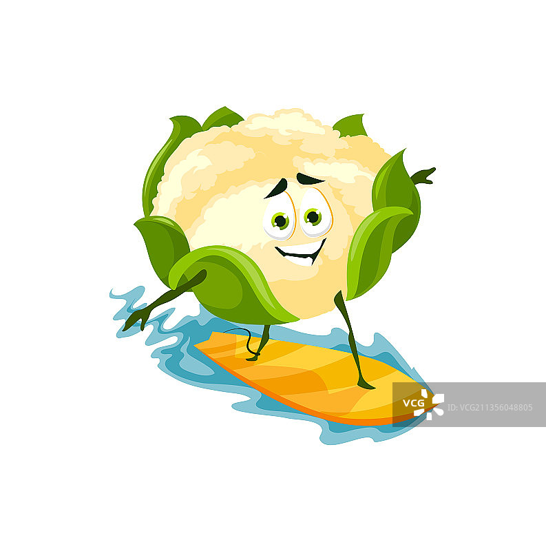 卡通花椰菜角色夏季冲浪图片素材