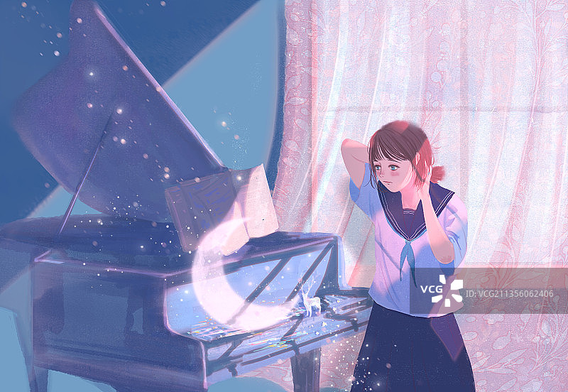少女室内钢琴插画图片素材