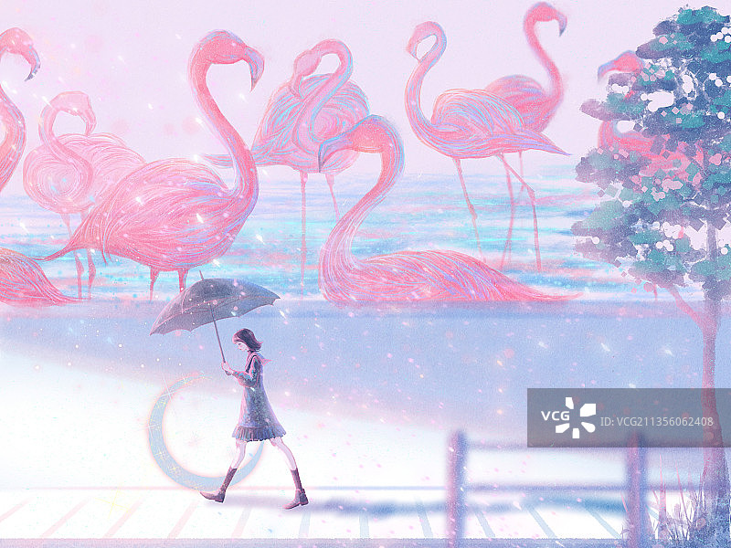 少女时尚火烈鸟户外插画图片素材
