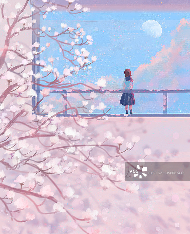 少女春天唯美治愈插画图片素材