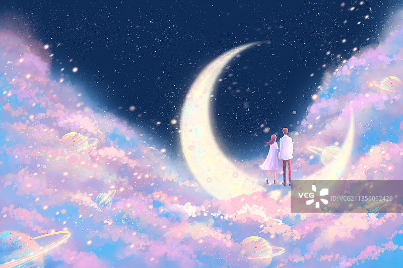 情侣户外治愈幻想插画图片素材