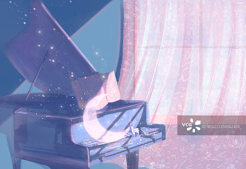 室内钢琴治愈唯美插画图片素材
