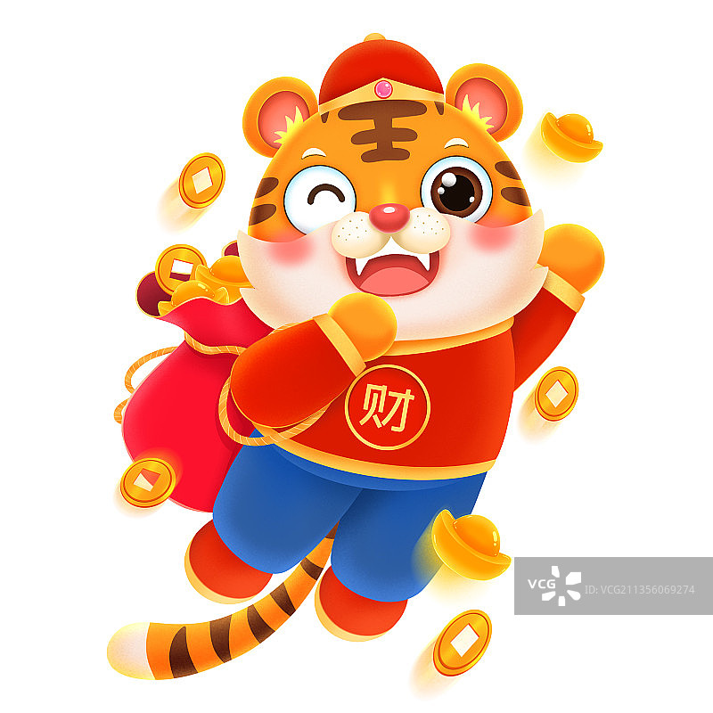 可爱老虎飞天背福袋撒金币元素图片素材
