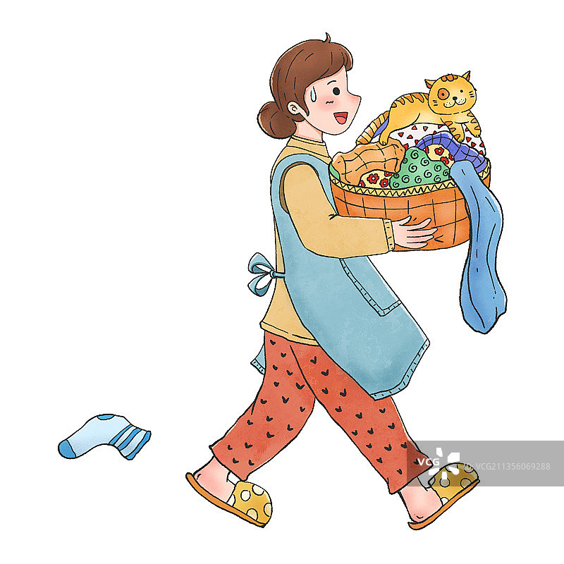 手绘水彩抱着衣服做家务的妈妈图片素材