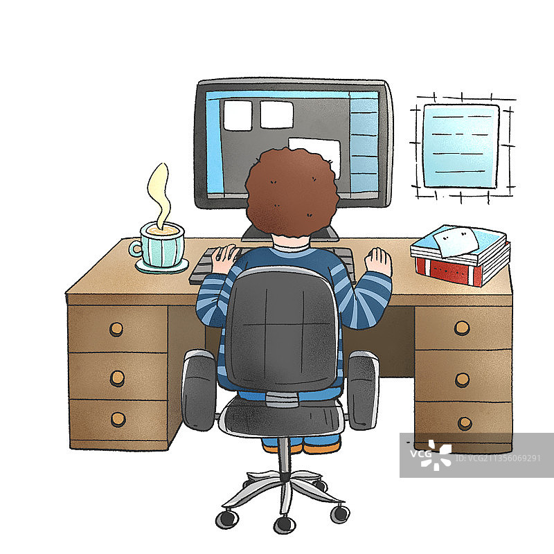 手绘水彩电脑前工作学习的人图片素材