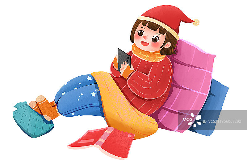 冬天取暖玩手机的女孩元素图片素材