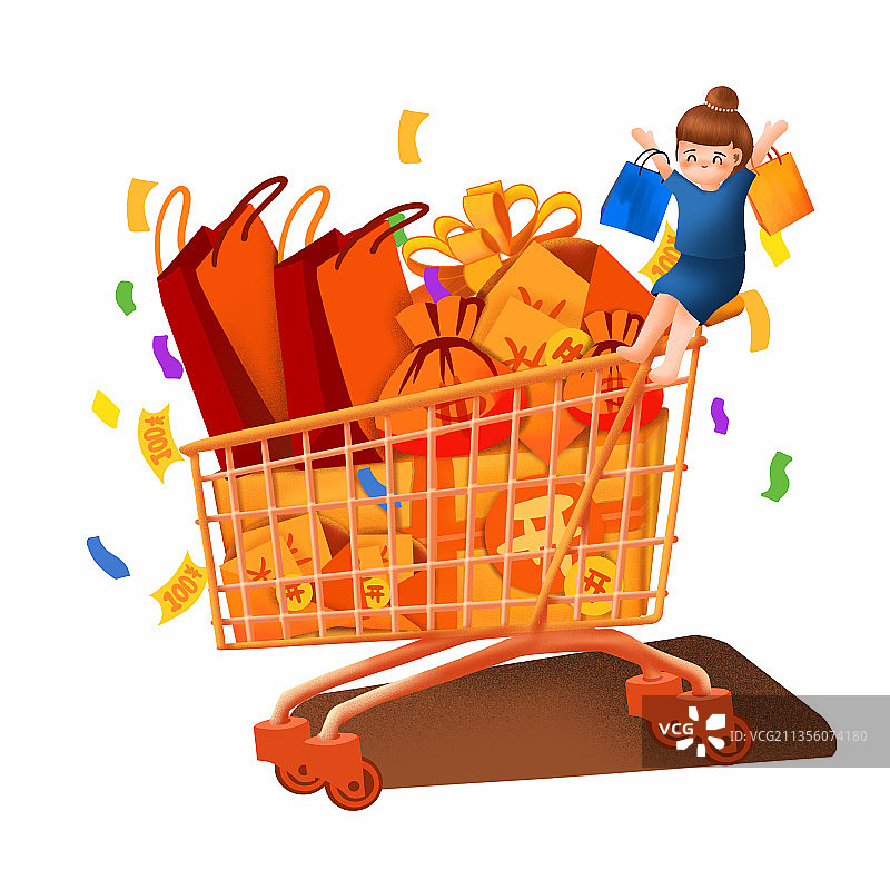 原创购物车金钱女孩双十一元素图片素材
