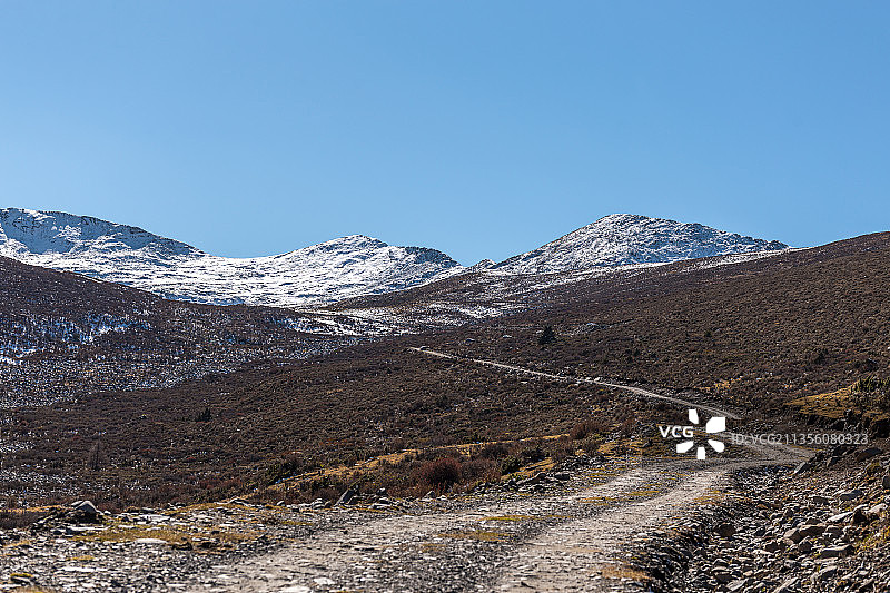 高原雪山森林中的越野道路图片素材