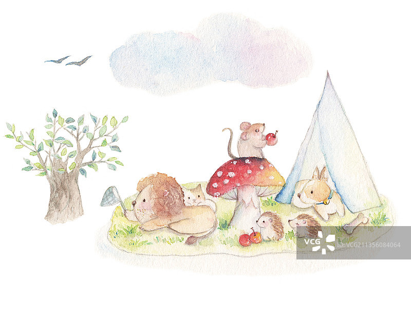 水彩手绘卡通小动物户外野营露营图片素材