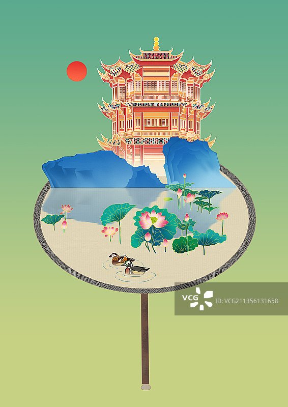 中国风新中式国潮中国画青绿山水画武汉黄鹤楼古建筑荷花插画图片素材
