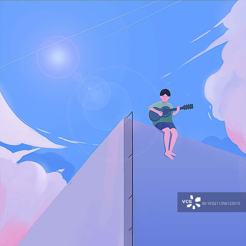 男生天台弹吉他图片素材