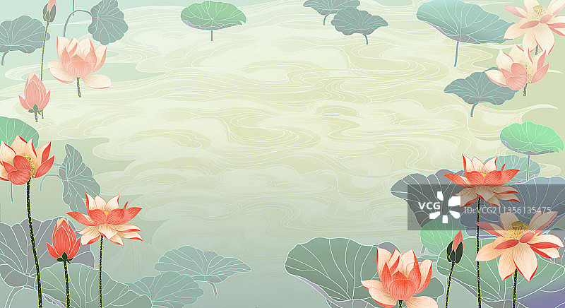 中国风国潮新现代复古风装饰插画荷花荷叶横版展板图片素材