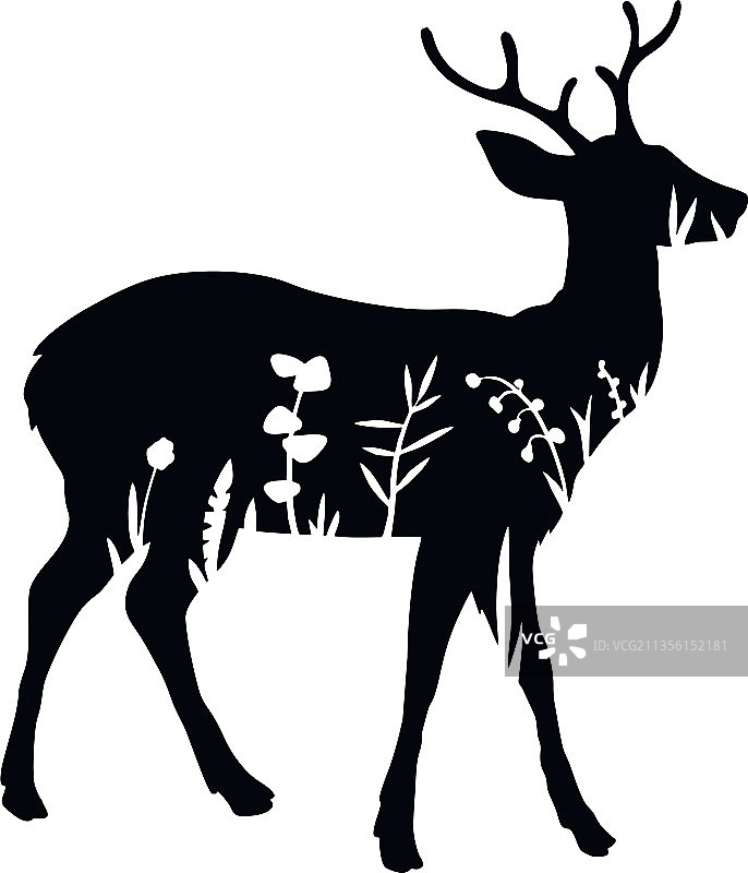 小鹿母鹿与花卉图案模版图片素材