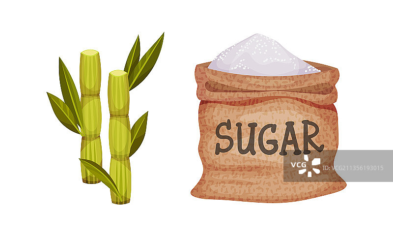 装满精制糖和甘蔗的粗麻布袋图片素材