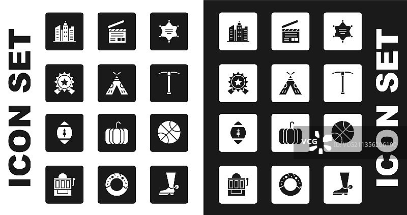 六角星警长、印第安圆锥帐篷图标套装图片素材