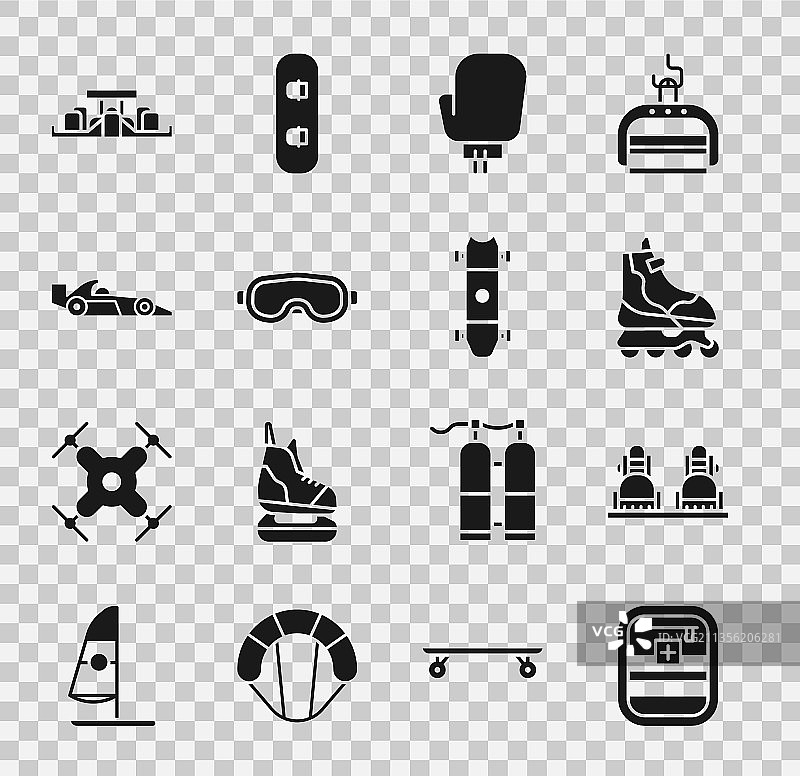 滑雪板、旱冰鞋和拳击急救箱图片素材