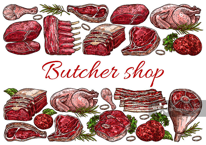 肉店牛排西冷和腿部鲜肉图片素材