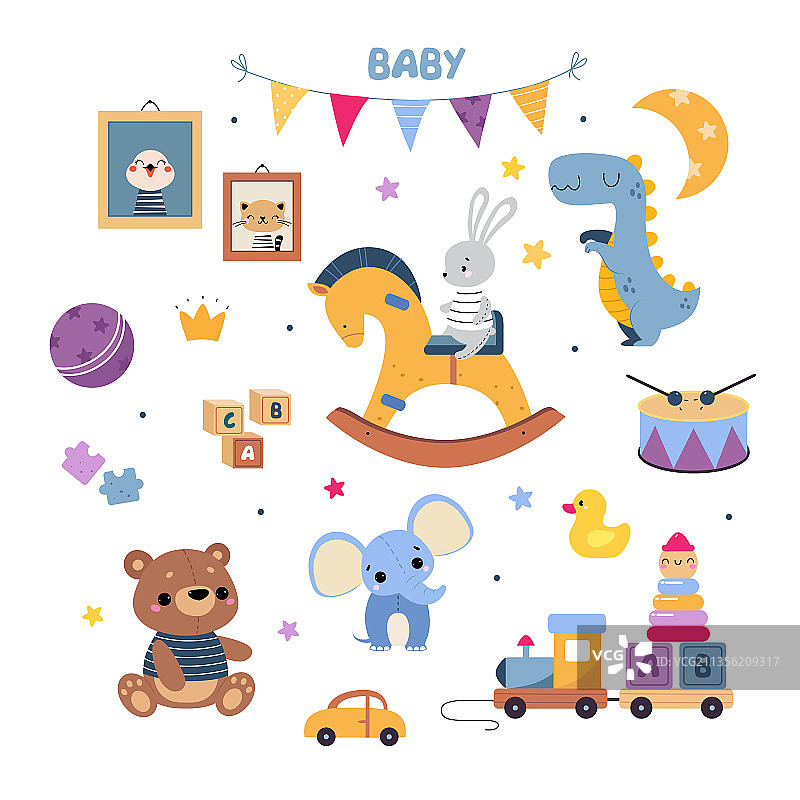 带有摇马填充物的彩色儿童玩具图片素材