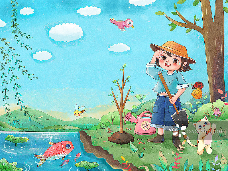 手绘水彩春天种树的女孩插画图片素材