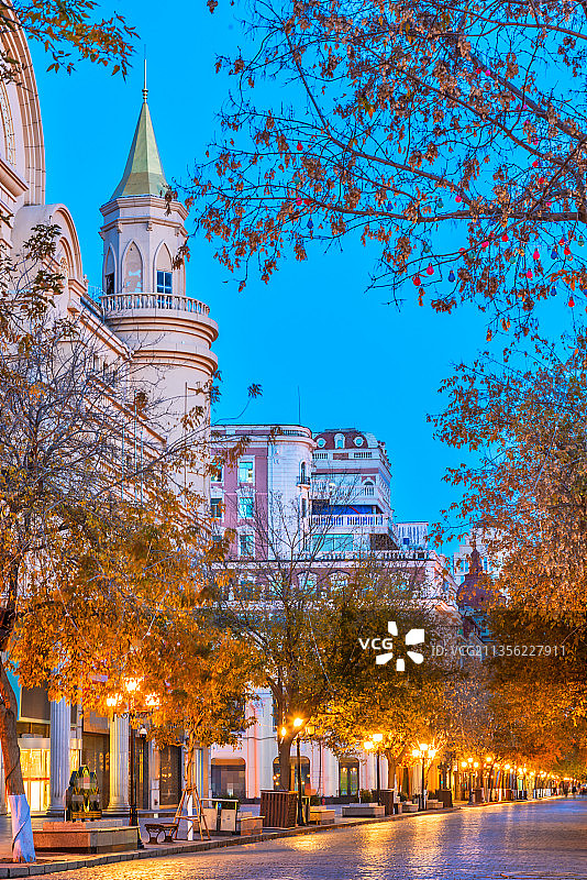 秋季哈尔滨中央大街的欧式建筑夜景图片素材
