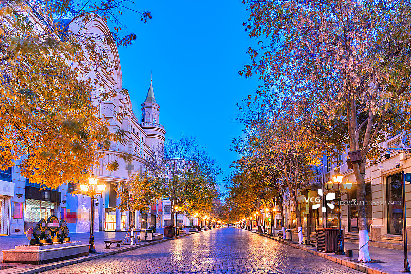 秋季哈尔滨中央大街的欧式建筑夜景图片素材