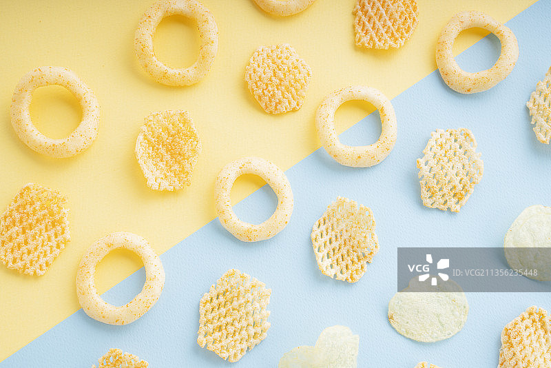 俯视图-许多类型的薯片在黄色和蓝色的背景。图片素材