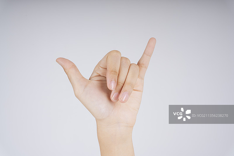 Y在手势语中。六个是中文。卡拉宝手势隔离在白色背景上。图片素材