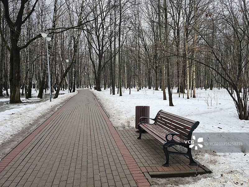 冬季俄罗斯公园里的空长椅图片素材