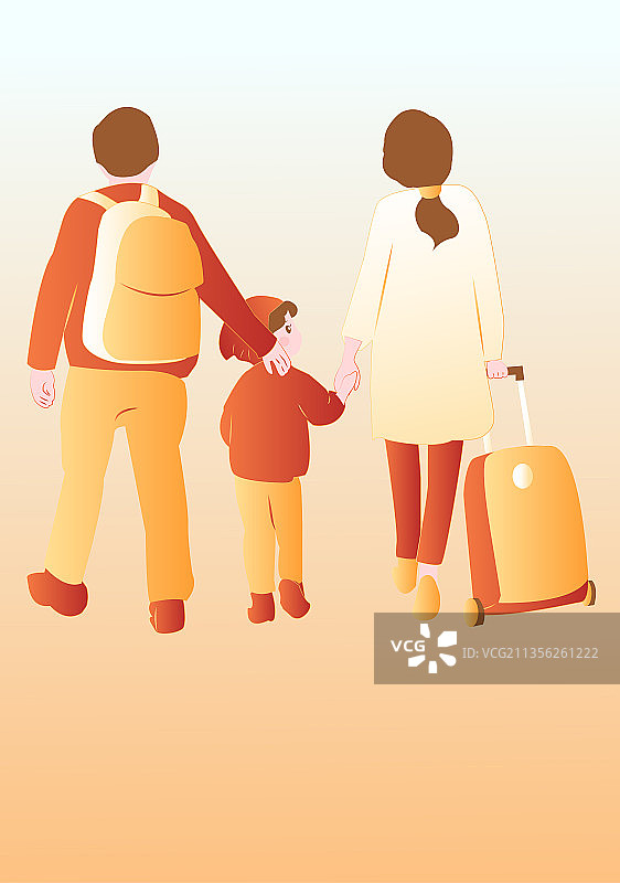 春运拖着拉杆箱背着行李的一家三口图片素材