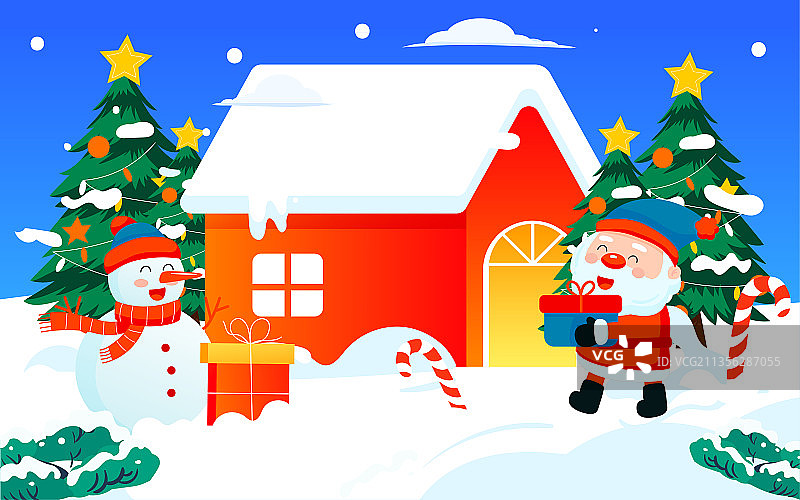 圣诞老人圣诞节送礼物插画冬天大雪户外海报图片素材