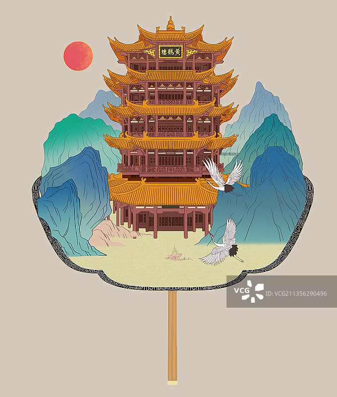 中国风新中式古风中国画青绿山水画国潮武汉黄鹤楼旅游景点插画图片素材