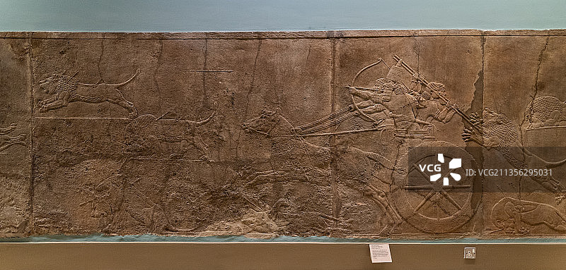 大英博物馆两河流域亚述巴尼拔猎狮浮雕图片素材