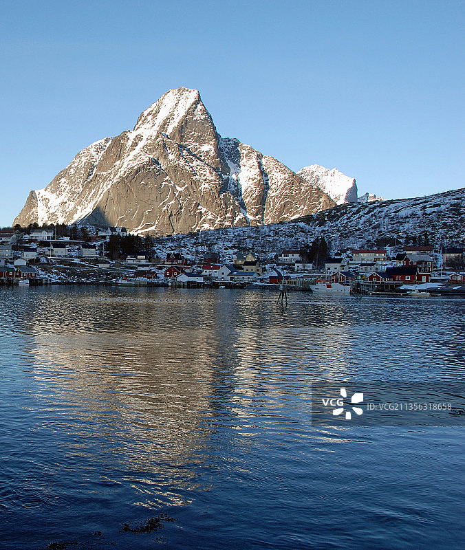 挪威莱讷雪山环绕的湖光山色图片素材