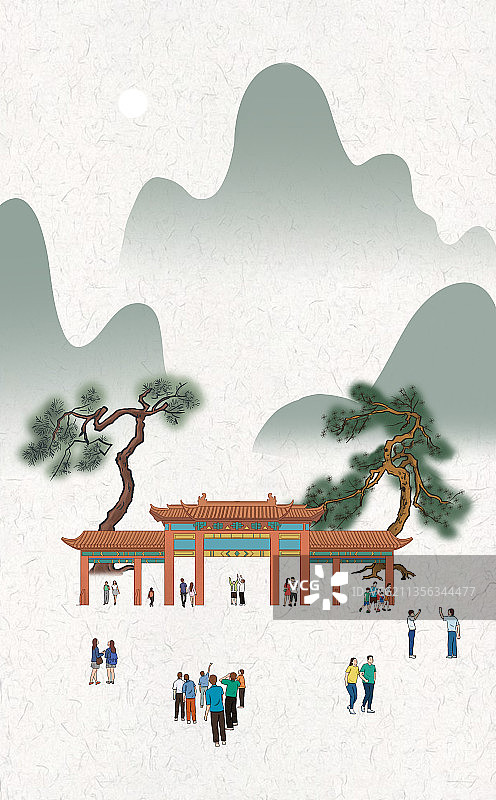 中国风新中式古风中国画青绿山水画意境国潮风景插画图片素材