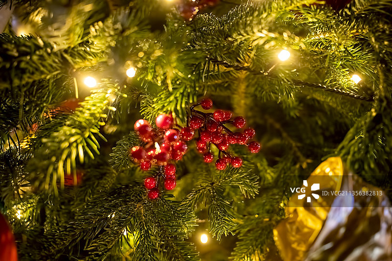 夜晚灯火通明的圣诞树特写图片素材